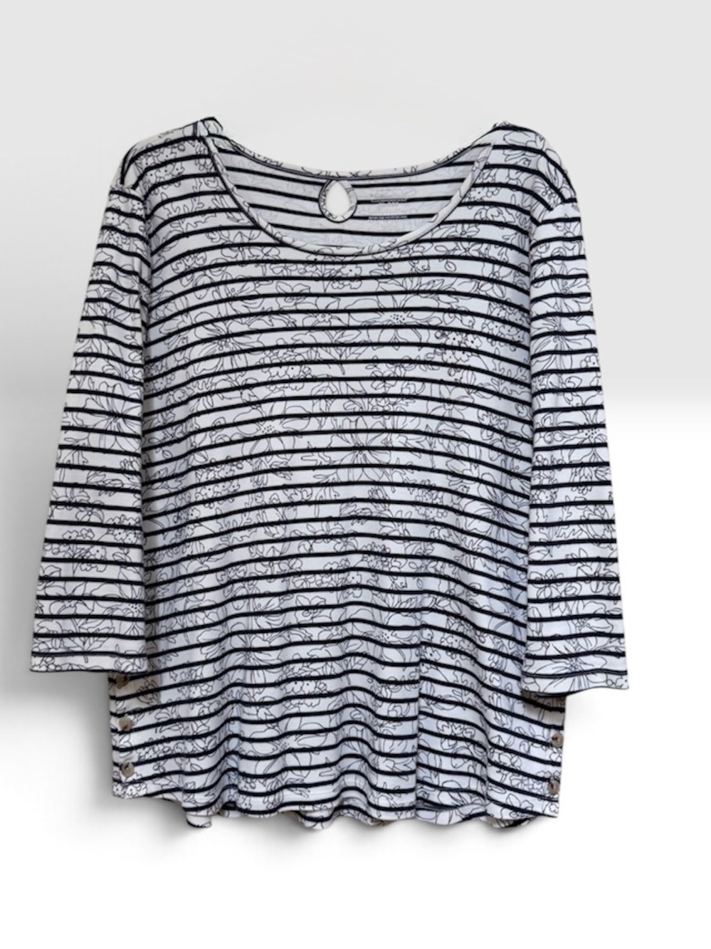 LL Bean Supima Cotton Striped Navy White Scoop Neck Floral Accent Top 3/4 Sleeve